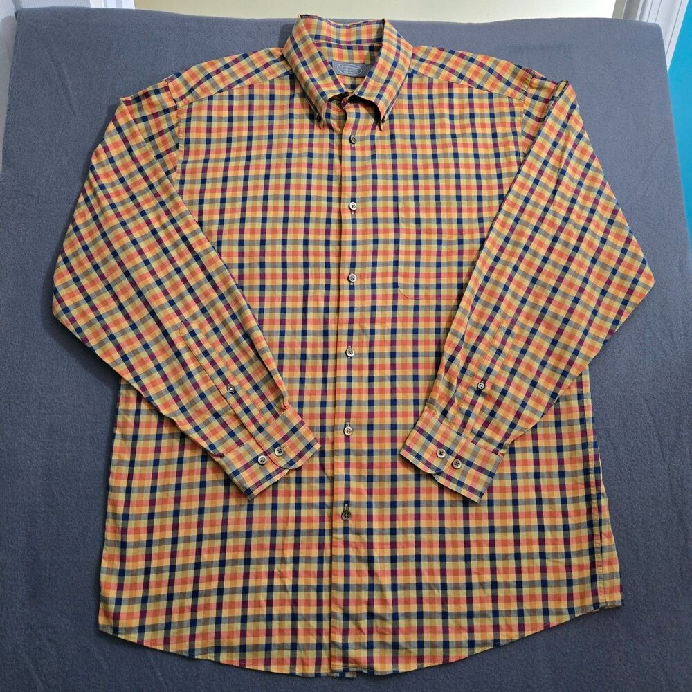 Talbots Men L Orange Blue Check Button Down Cotton Dress Shirt